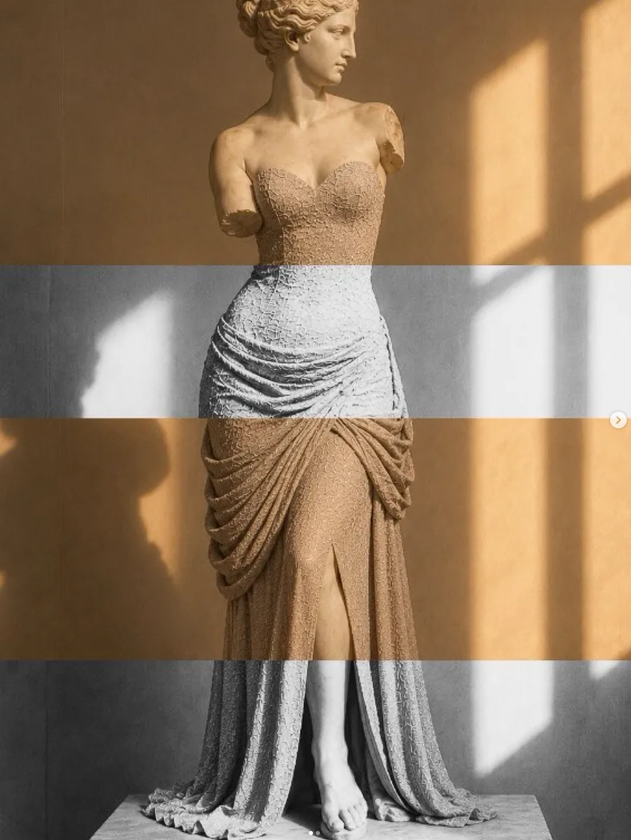 Composición editorial de moda y escultura