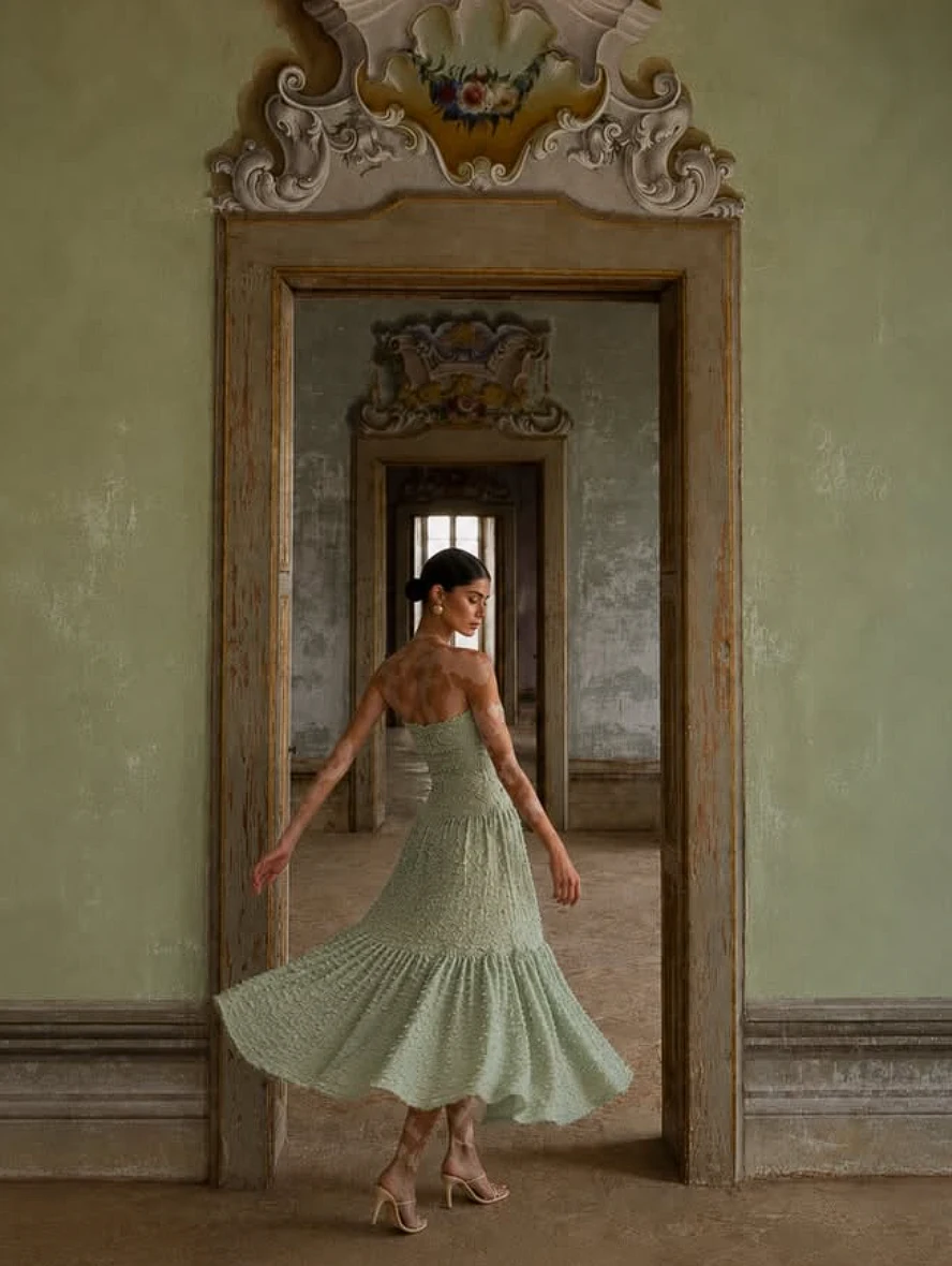Vestido verde en un espacio arquitectónico clásico