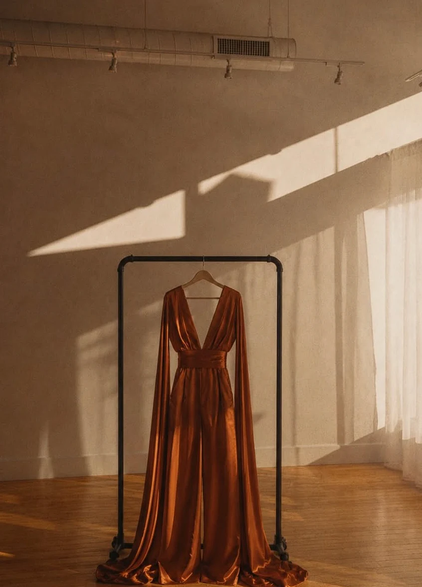 Vestido cobre en un estudio iluminado por el sol